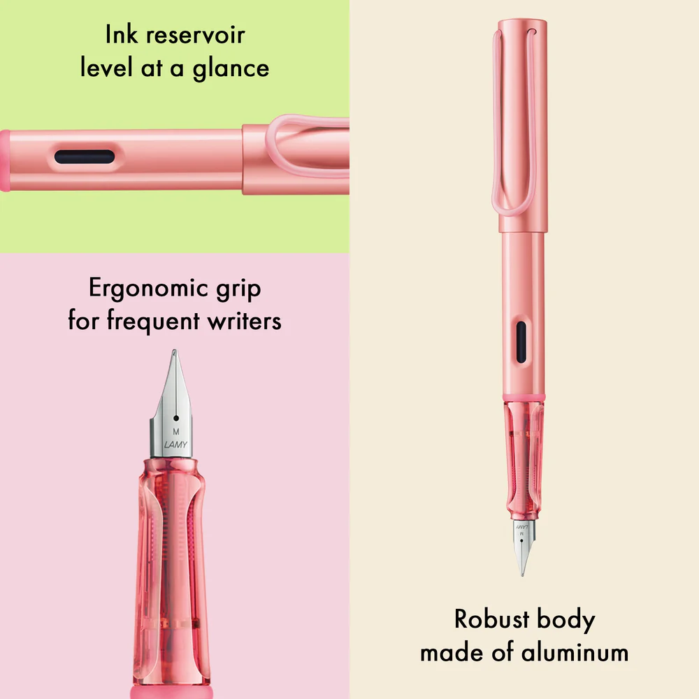 Pink pen with features highlighted on a gradient background